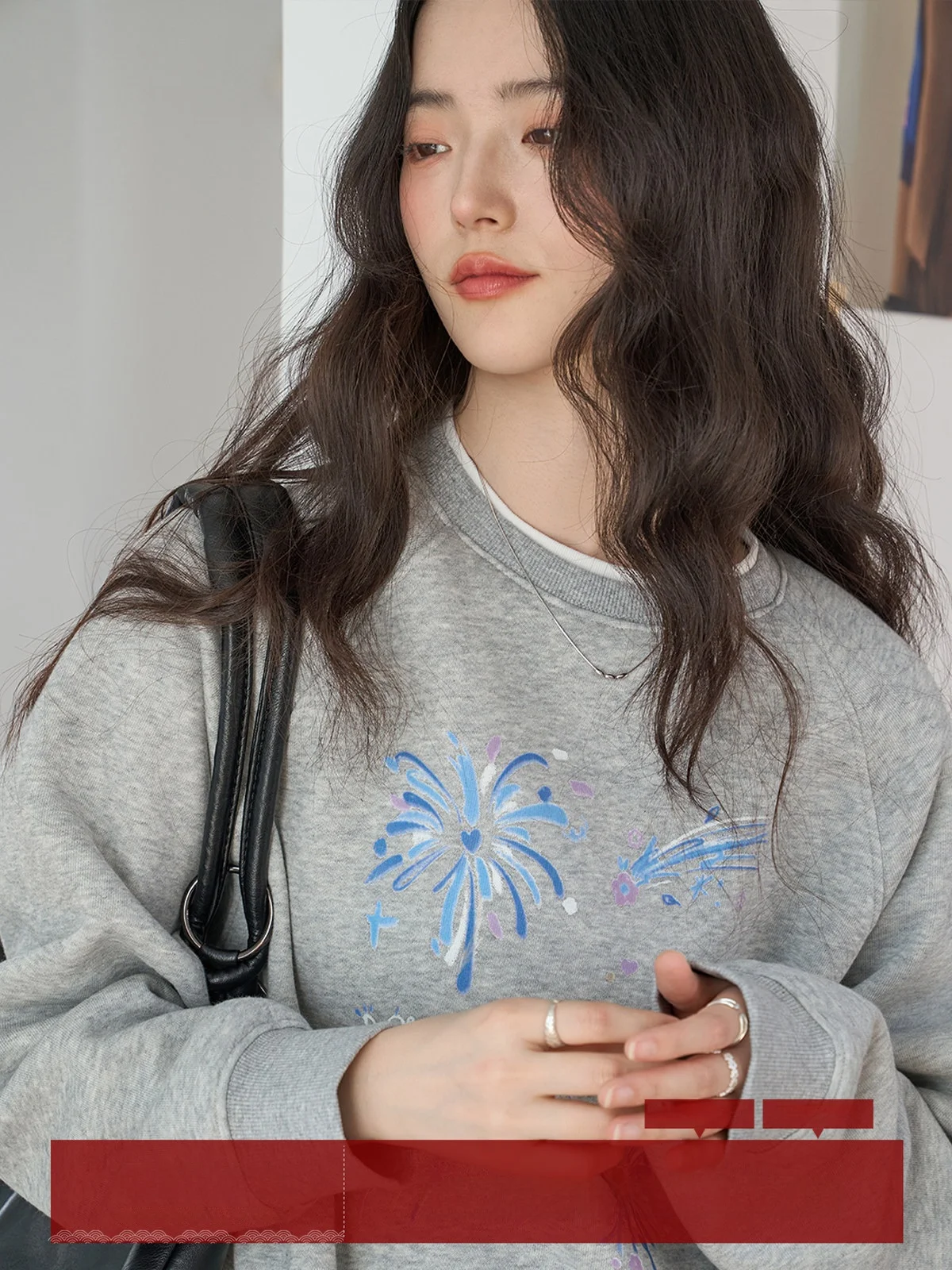 

MoZao Grey Long Sleeve Hoodless Sweatshirt Women's Loose Lazy Style round Neck Overhead Spring Fashion Print T-Shirt