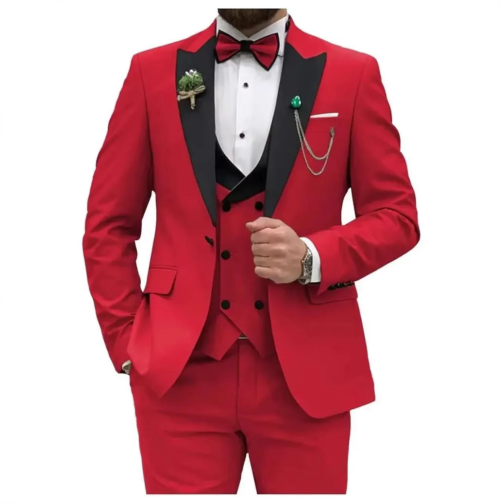 

KIDWHXR Suit Man Contrast Color Blazer Double-breasted Vest Male Straight-leg Pant Men Slim Versatile Wedding Three-piece Sets