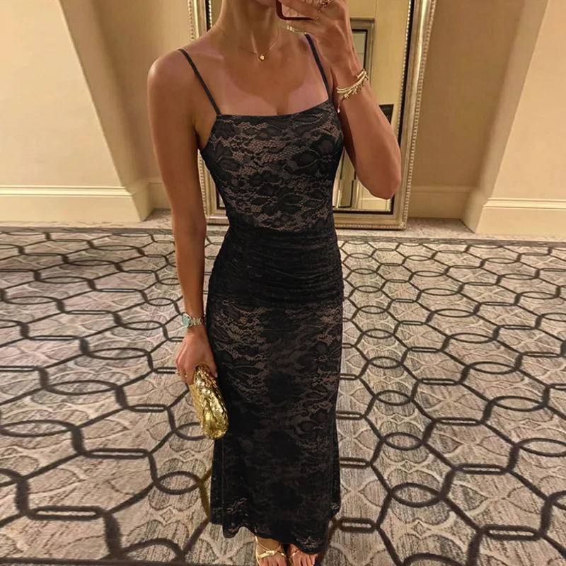 

Slimming Long Suspender Dress European American Sexy Style Solid Color Lace Waist Cinching Bag Hip Design