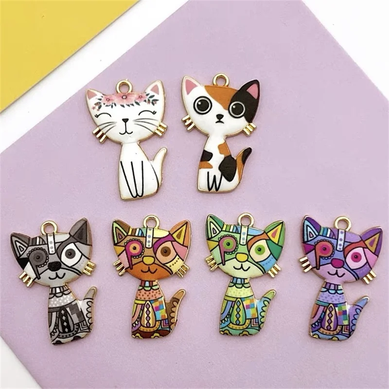 

New arrived 50pcs/lot color pattern print cartoon cats shape alloy floating locket charms diy jewelry earring/garment accessory