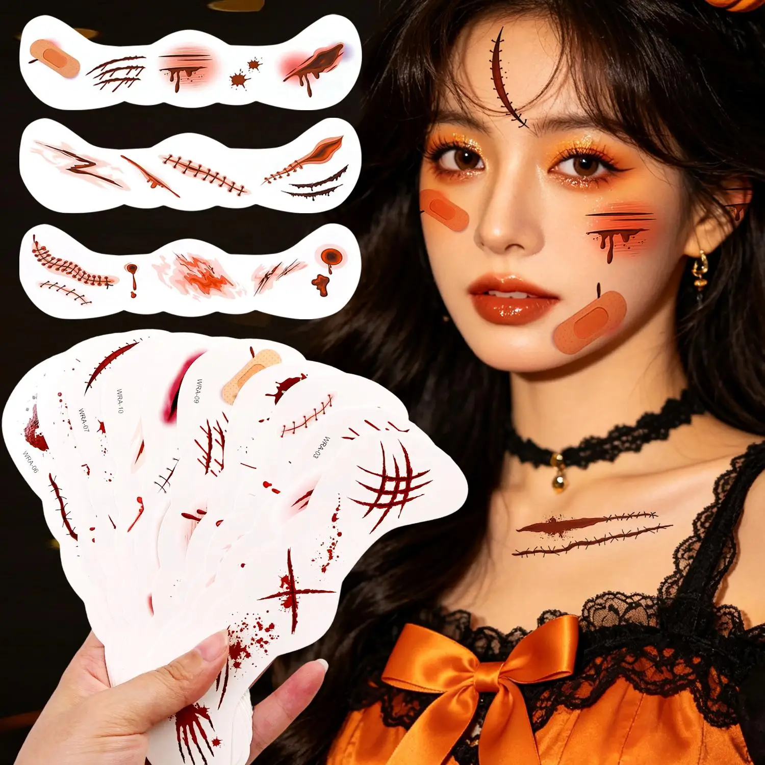 10Pcs Creepy Scar Temporary Tattoo Water Transfer Tattoos Halloween Horror Fake Wound Stickers Realistic Adult Cosplay Makeup