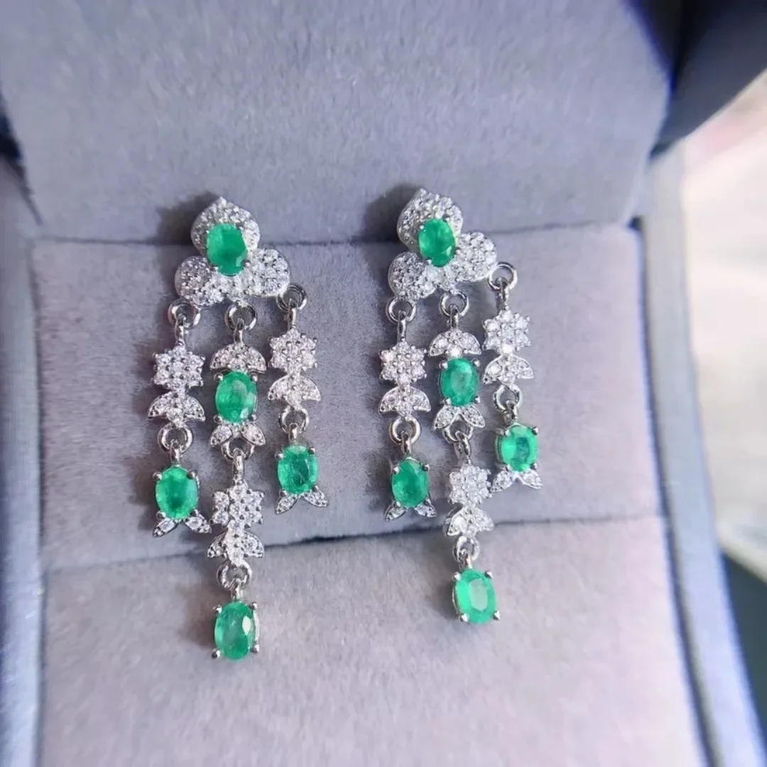 Boutique Jewelry 925 Sterling Silver Inlaid Natural Grandmother Emerald Female Earrings  Party Gift Girl