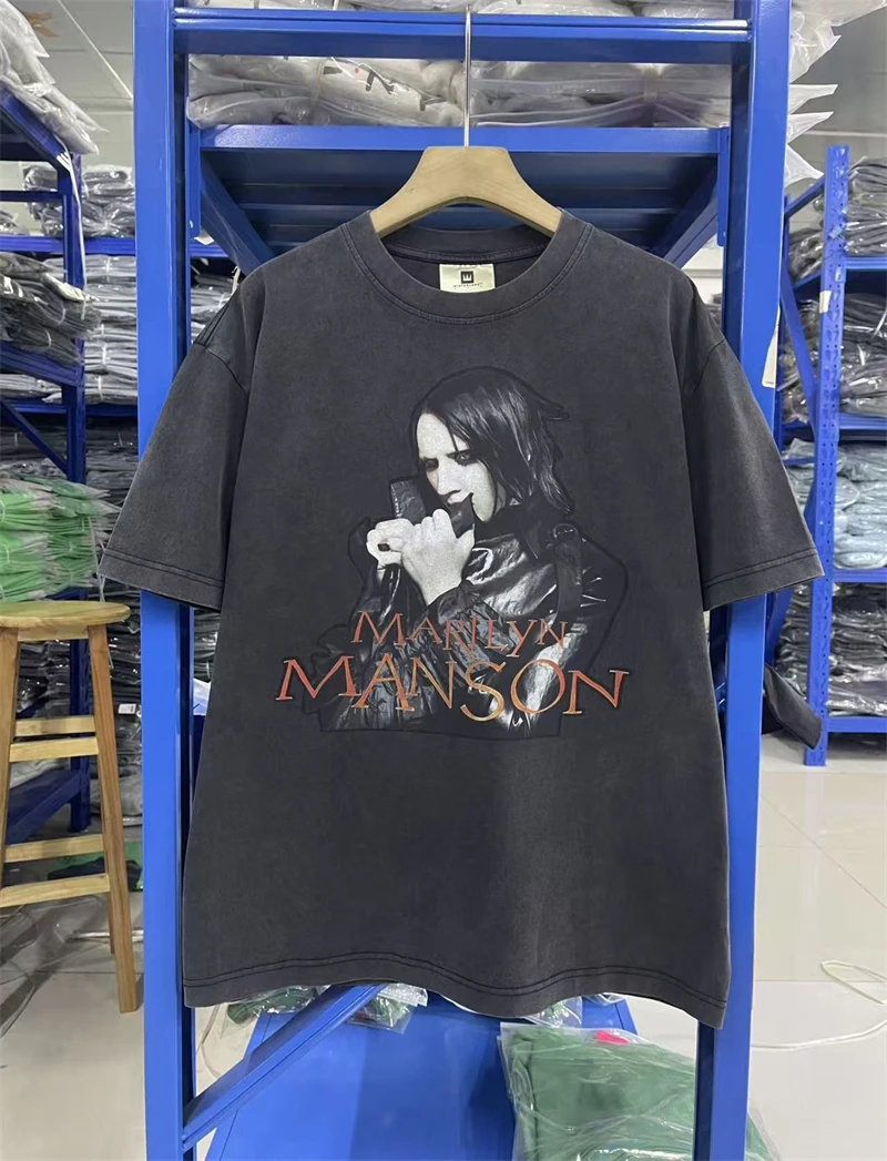 New Summer Manson Rock Pattern Print Vintage High Street Casual Loose Cotton Washed Short Sleeve Trendy Hip Hop T-shirt