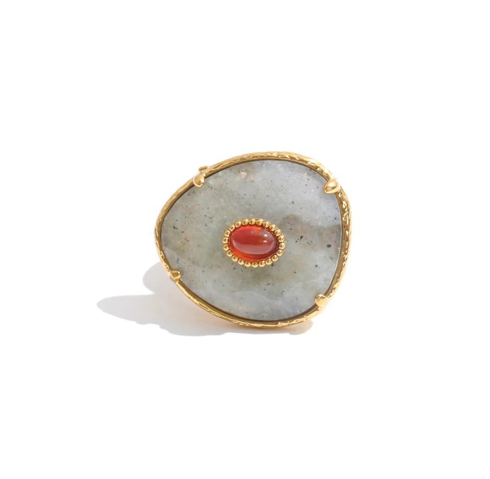 Yhpup Natürlicher Spektrolith-Achat-Stein Offener Ring Hochwertiger Edelstahl Stilvoller Schicker Fingerschmuck – Detail 2