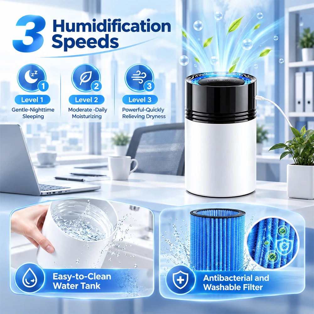Humidifier Quiet Evaporative Air Humidifier 3L Mist-Free with Negative Ion 3 Speeds 2/4/8H Time Top Fill for Bedroom Baby Office