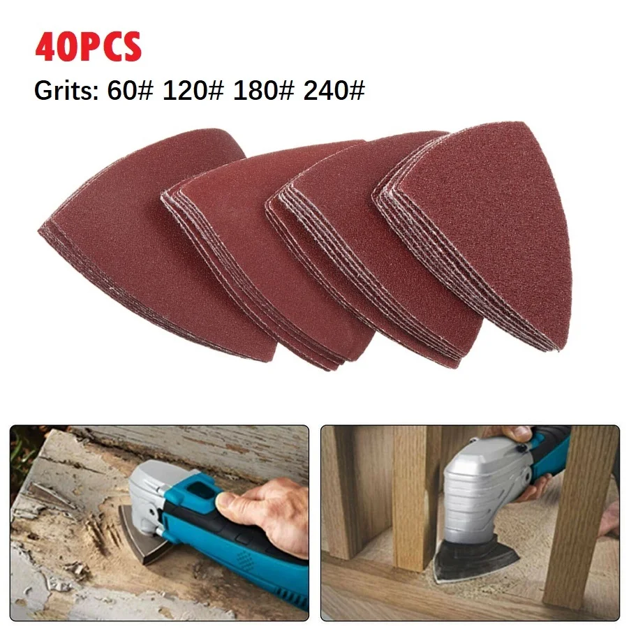 40pcs 60/120/180/240# Hook And Loop Triangle Sandpaper Fit 3-1/8 Inch Oscillating Multi Tool Power Tool Replacement Accessories