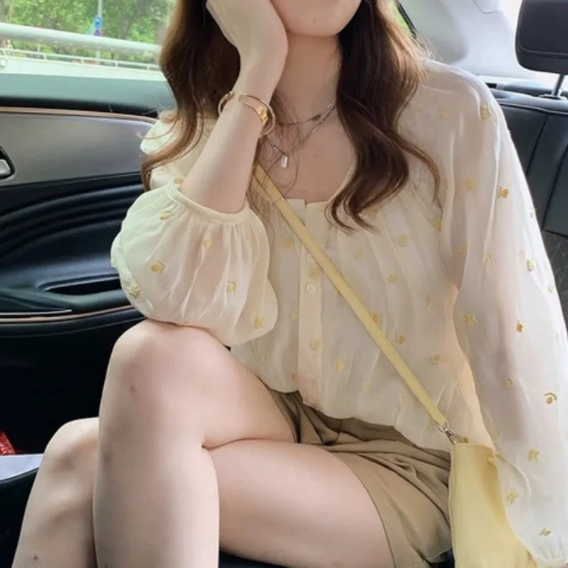 

Ele Floral Print Chiffon irt Women's Summer Long Sve Thin Lantern Sve Sun Protection Top Vintage Sli Small irt