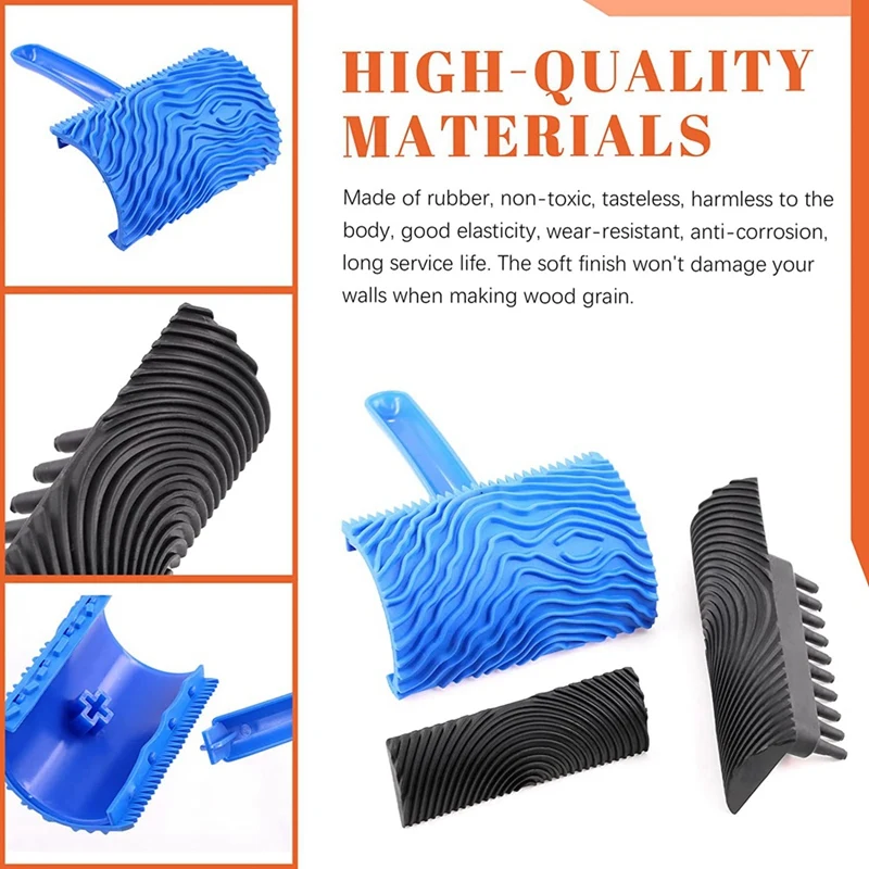 4Pcs Wood Graining Painting Tool Set, Black Rubber Wood Grain Tool And Blue Rubber Empaistic Wood Texture Pattern Tool