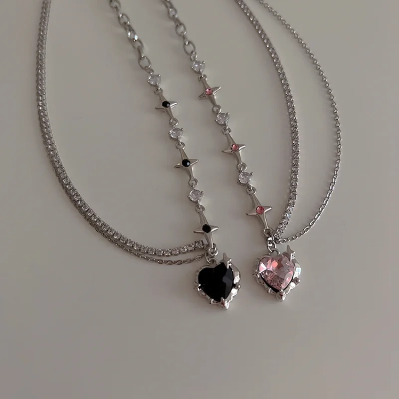 Y2K Peach Heart Water Drop Necklace Black Crystal Punk Clavicle Chain chunky pendant collares verano mujer jewelry