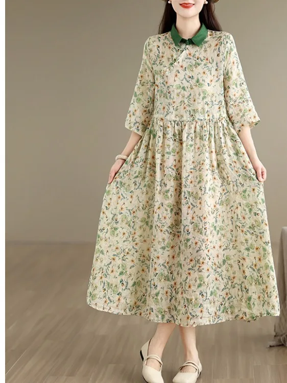 Summer 2026 Large Size Women's Printed Dress Knee-Length A-Line Skirt Slimming Waist Drawstring Artistic Style Casual Wear