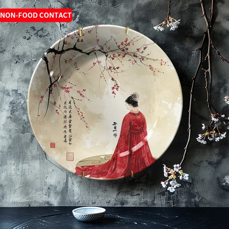 1pc Elegant Asian-Inspired Red Dress Lady - Traditional Woman in Red Cultural Decor Plate, Non-Food Contact Safe Ceramic Wall