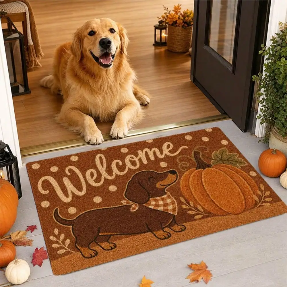 1pc Fall Indoor Entrance Welcome Door Mat,Dachshund Dog Pumpkin Polka Dot Print Rug,Rug For Living Room,Door Mat Indoor Entrance Easy To Clean,Ideal Choice For Thanksgiving Autumn Farmhouse Decor,Fall Outdoor Decor,Halloween Decor For Home