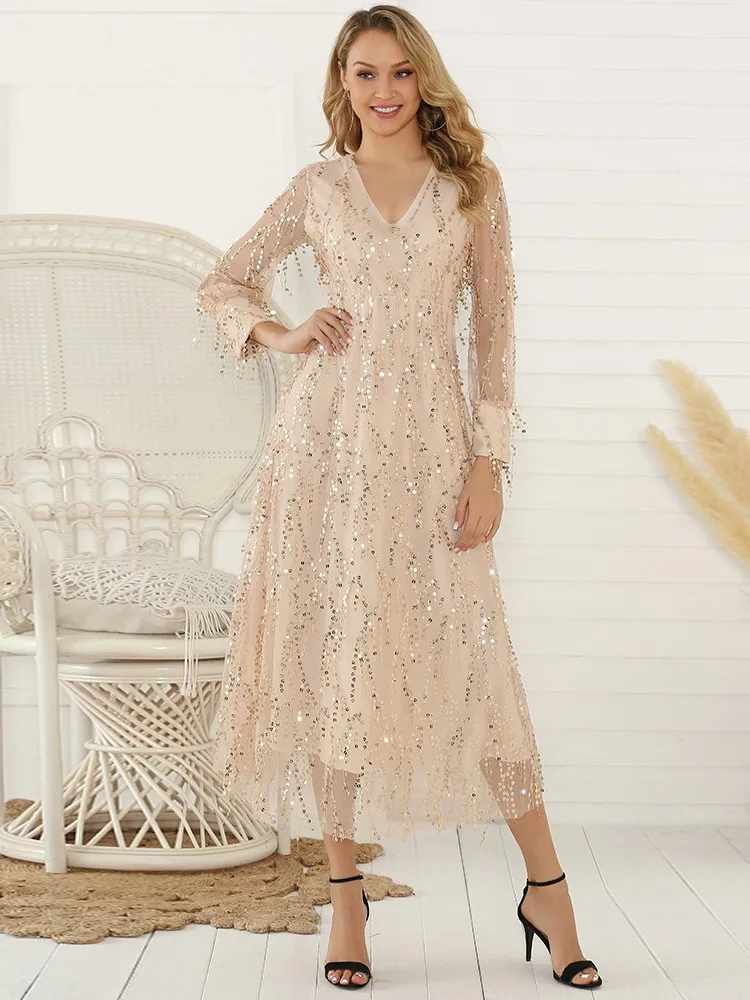 Vestido de noite feminino lantejoulas franja embelezado decote em v manga longa linha a plissado dupla camada cintura magra vestido halter