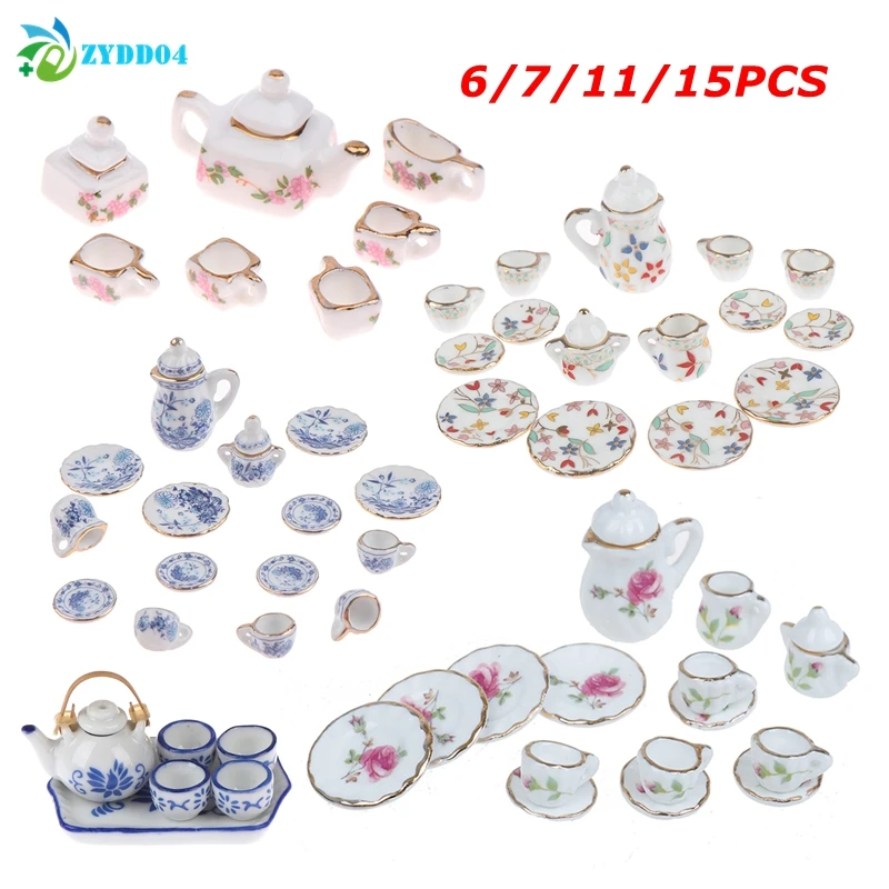 ●1Set 1:12 Dollhouse Miniature Ceramics Teapot Tea Set Mini Ceramic Kungfu Tea Set Kettle Cup Tableware Model Kitchen Decor Toys
