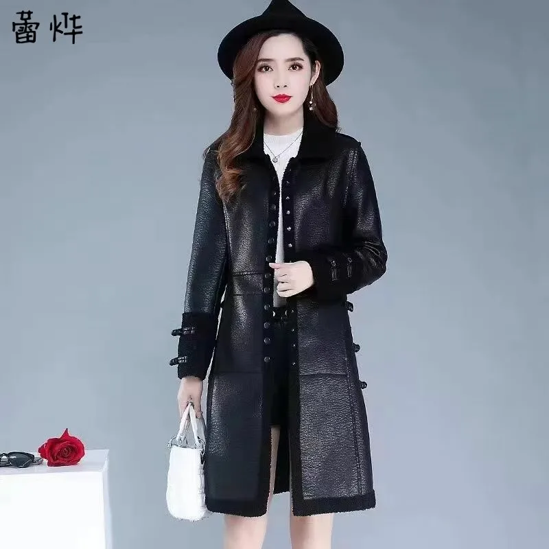 Autumn And Winter Korean New LeatherJacket Medium Length Plush And Thick Women\'s Top Slim Fit Light Luxury And Slimming Jacket
