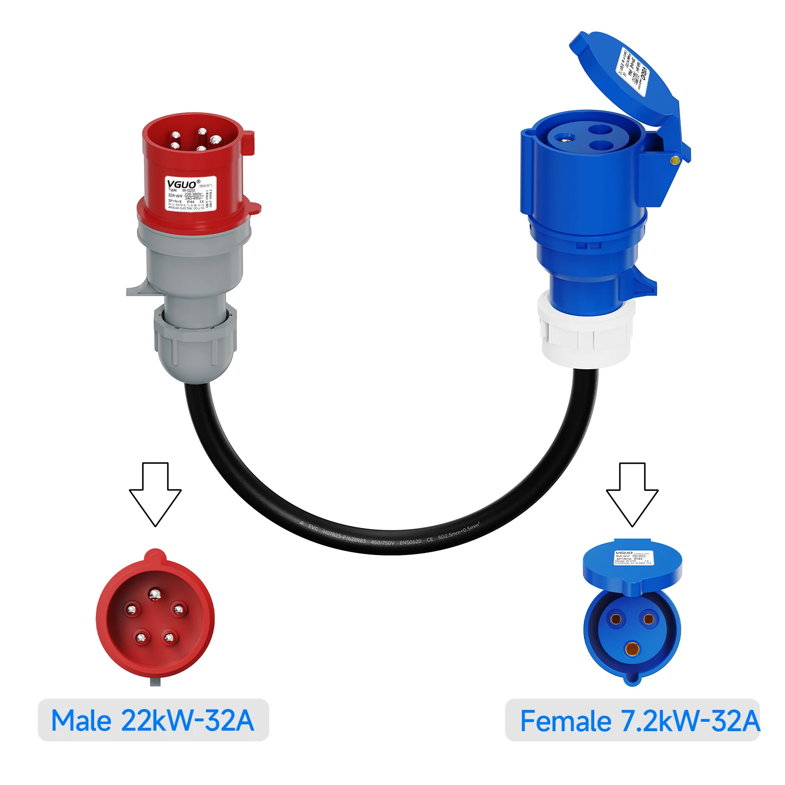 

Адаптер для зарядки электромобилей 22 кВт на 7 кВт, 3 фазы на 1 фазу, 32 А, CEE красный 5-контактный на синий 3-контактный, промышленный преобразователь IEC 60309