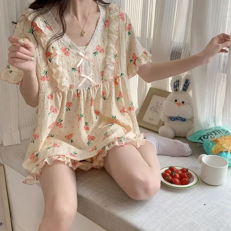 Set Ruffle Homewear Plus Short Cherry Breathable Top+shorts Print Pajama Sleeve Skin-friendly Mujer Size Sleepwear