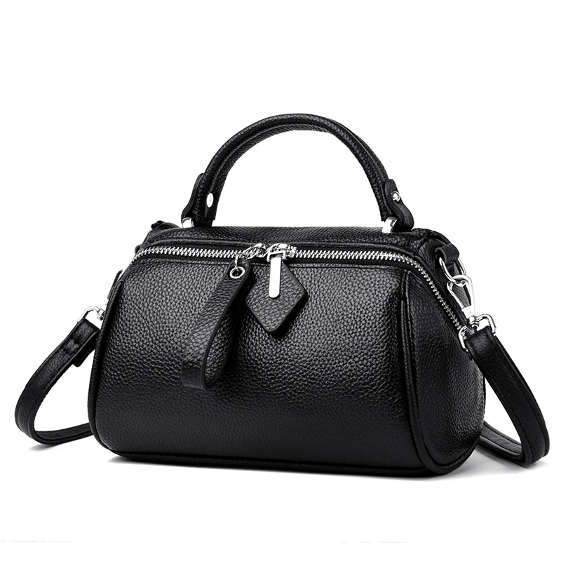 Genuine Leather Boston Handbags Women Solid Black Elegant Small Female Bags Cute Simple Classic Sling Shoulder Bags Cowhide Bags