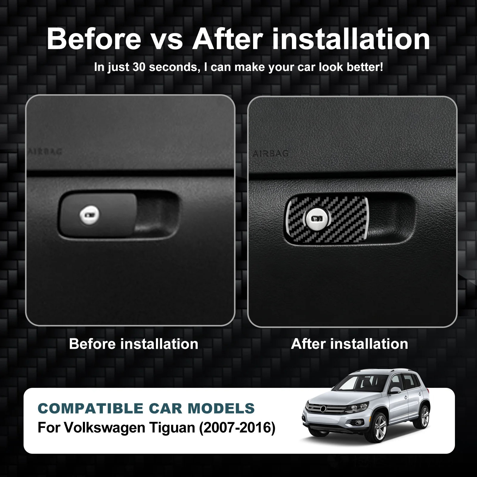 Sticker For Volkswagen VW Tiguan 2007 2008 2009 2010 2011 2012 2013 2014 2015 2016 Glove Box Switch Trim Real Soft Carbon Fiber