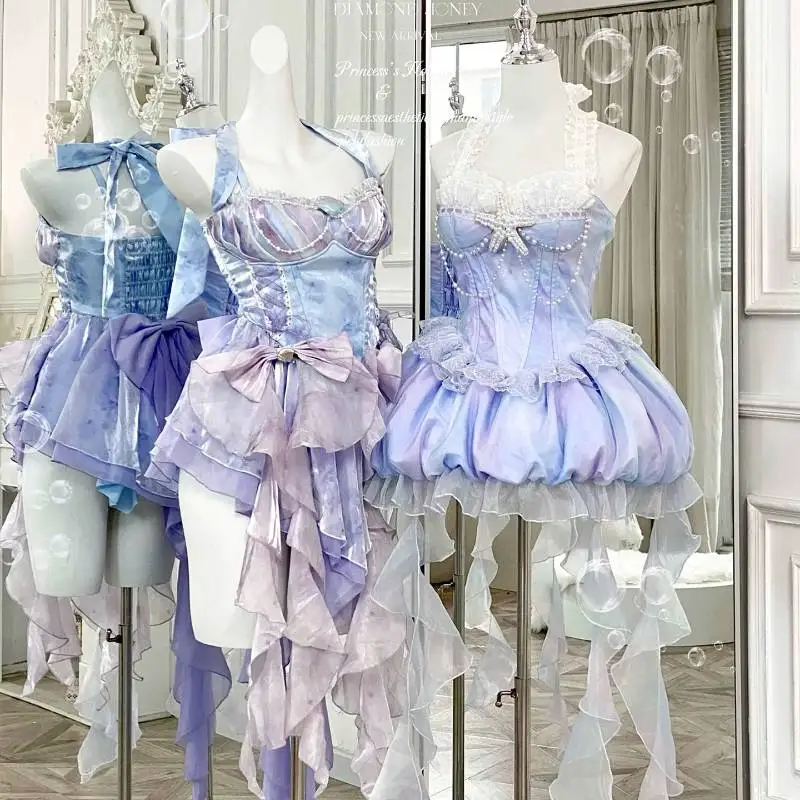 

Mermaid Gradient Purple Lolita Dress Halter Corset Ruffle Mini Skirt Women Y2K Balletcore Kawaii Princess Birthday Party Outfit