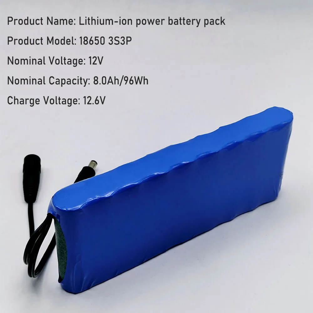 Built-in BMS 18650 3S3P Rechargeable Lithium-ion Battery Pack 12V 8000mAh Large Cycle Life Complete with 12.6V 2A DC Charger