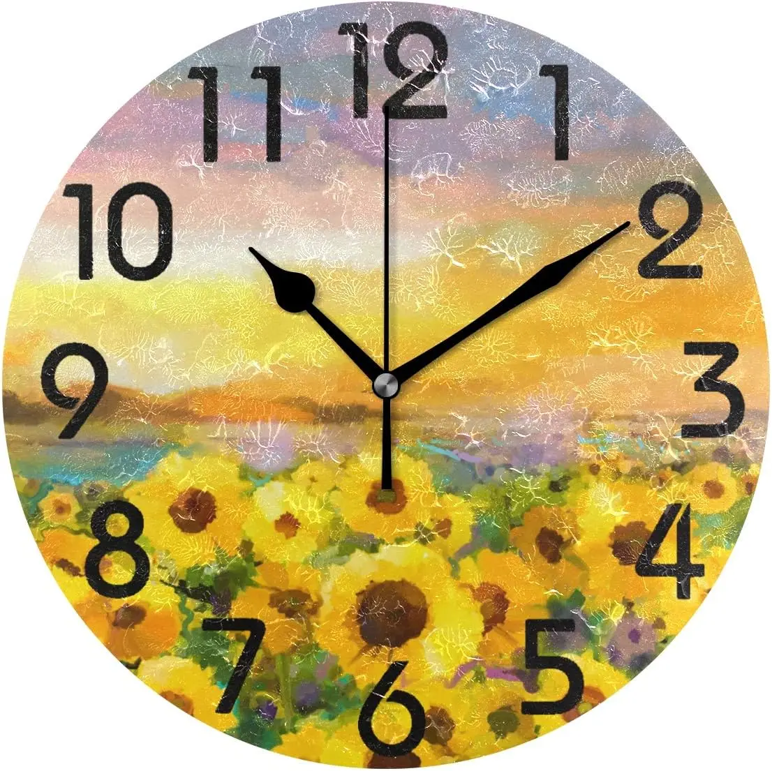 Beautiful Sunflower Field Oil Painting Print Round Wall Clock Decorative, 9.5 Inch Battery Operated Quartz Analog Quiet D