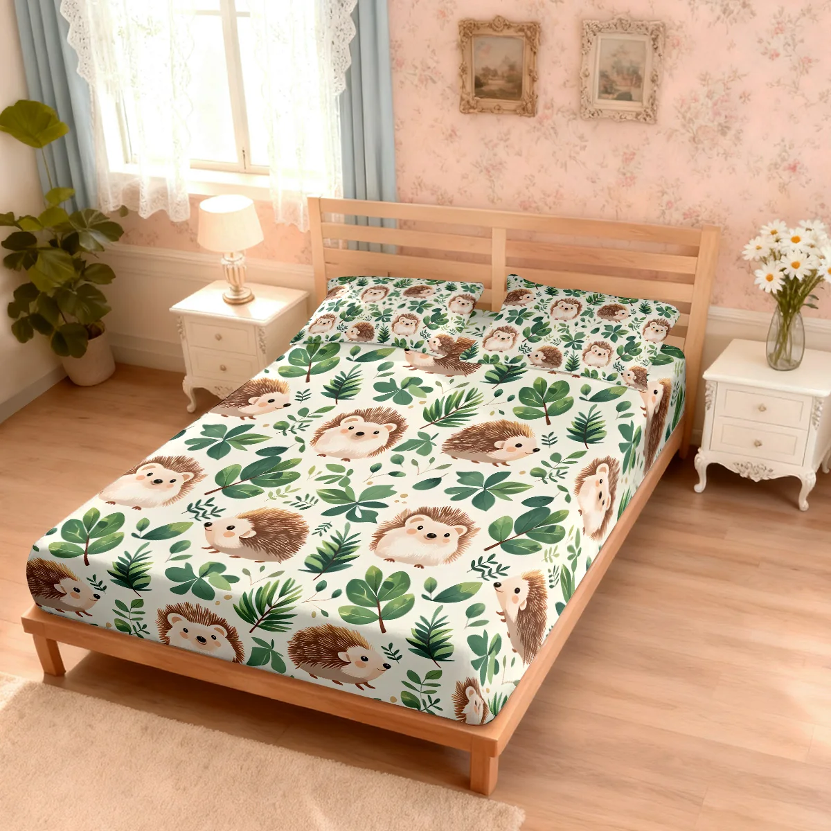 3pcs Cartoon Hedgehog Printed Chipless Bed Sheet Set Multi Size Soft Bed Cover Bedroom Bedding Decoration
