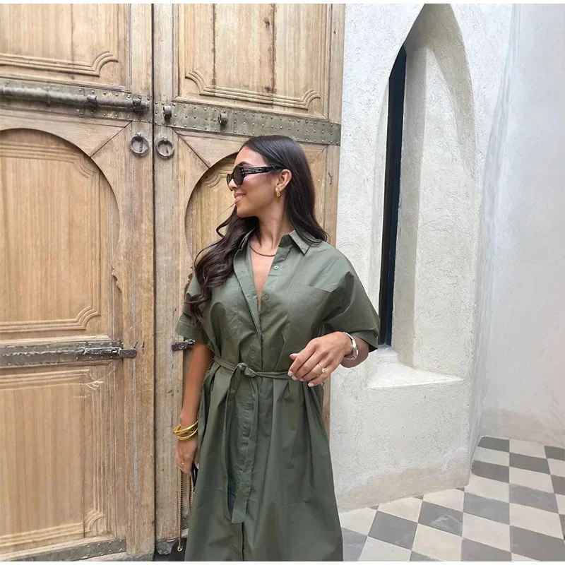 Casual Women's Lace Up Dress Single-Breasted Turn-Down Collar Short Sleeve Lady Dresses 2025 Spring Summer Loose Female Robe