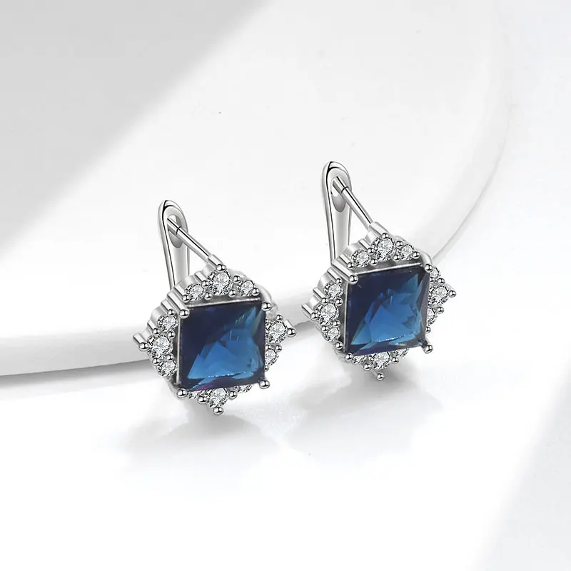 

Cushion Cut Created Blue Sapphire 925 Sterling Silver Geometric Square Hoop Earring for Women Gemstone Fine Jewelry Party Gift