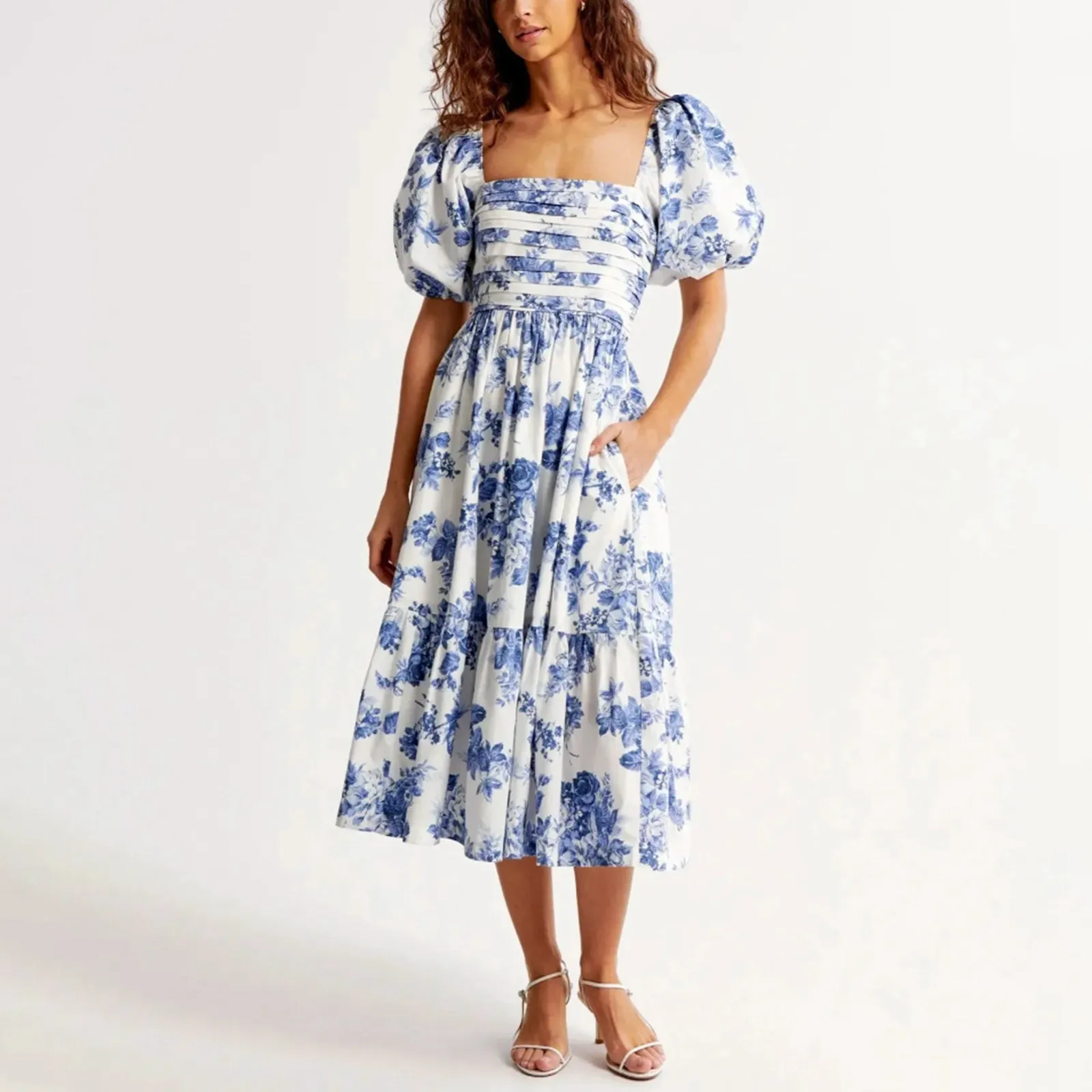 Vantage Floral Print Fashionable A Line Dress Sexy Ruffled Beach Style Dresses Vacation High Waist Slim Fit Elegant Dress