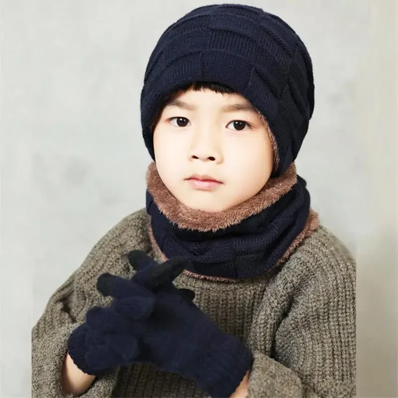 Winter Child Hat Scarf Gloves 3 Peice Set Kids Outdoor Warm Knitted Plush Cap Scarves And Touchscreen Gloves Boys Accessories