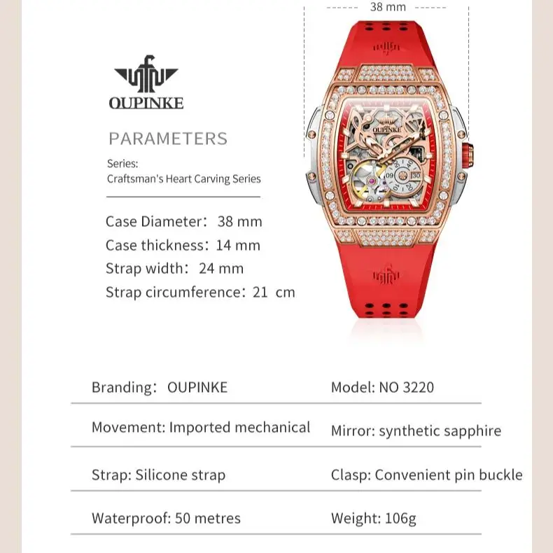 OUPINKE Original Women's Watches High Quality Rubber Strap Imported Japan Movements Automatic Mechanical Wrist Watch for Ladies