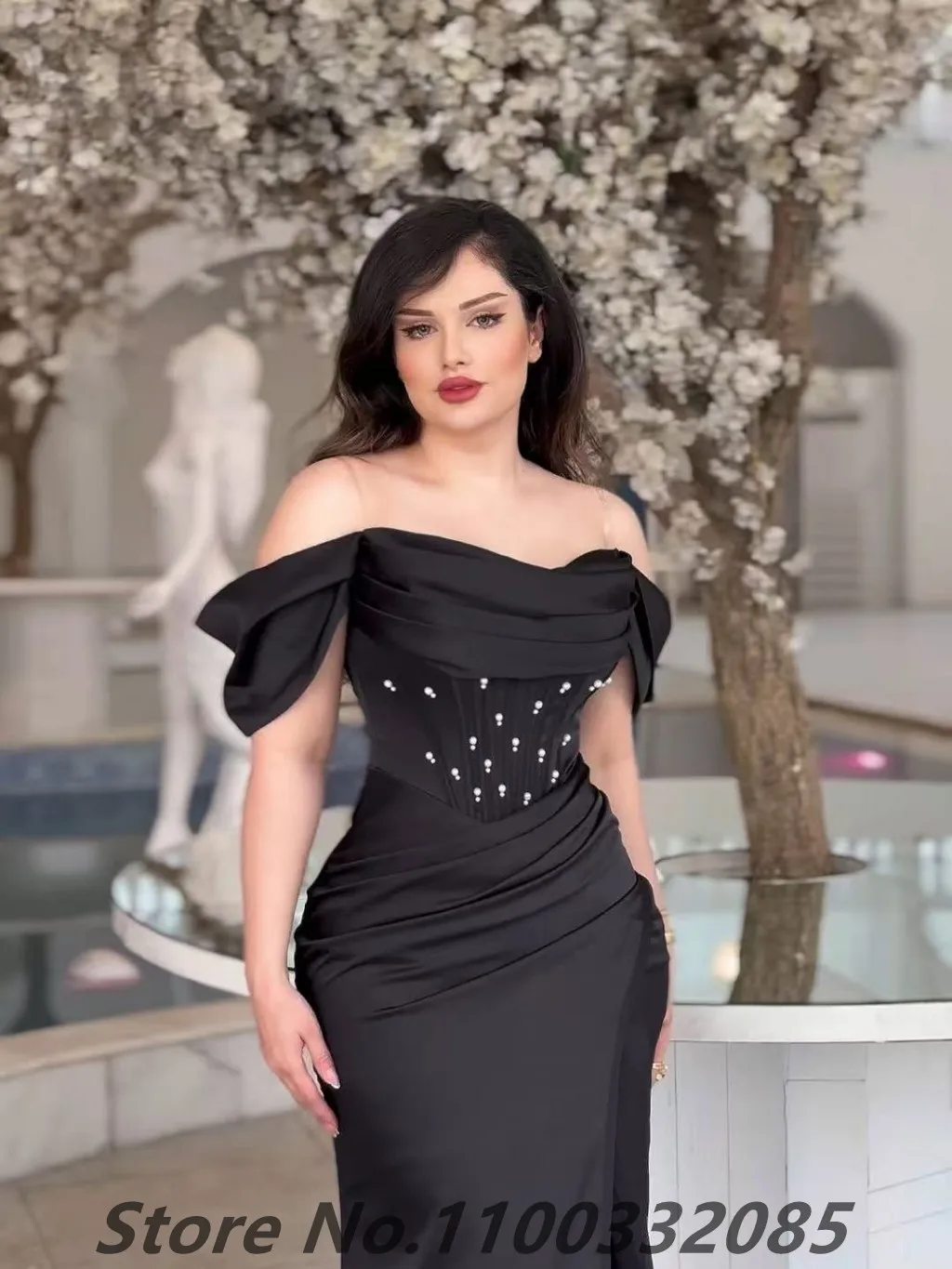 Eightale 2025 vestido de noche de sirena negro personalizado con perlas fuera del hombro vestido de fiesta árabe ajustado para mujer