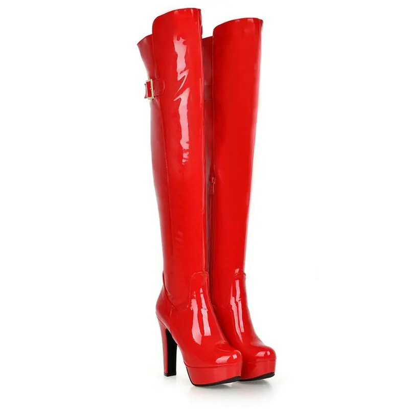 

Лакированная искусственная кожа, красные, черные туфли выше колена на платформе с круглым носком, большой размер 42, 43, зимние сапоги выше колена на блочном высоком каблуке