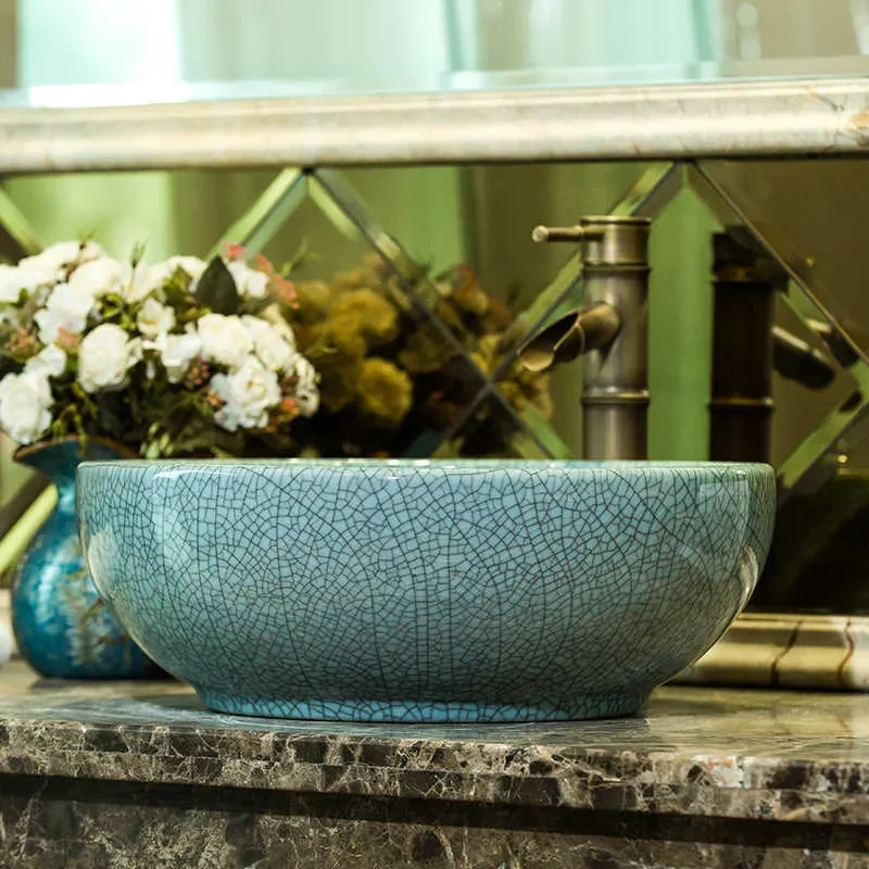 for Antique Wash Basin Top Mount Retro Ceramic Sink Round Ice Crack Glaze Bathroom Art Basin for Home Use