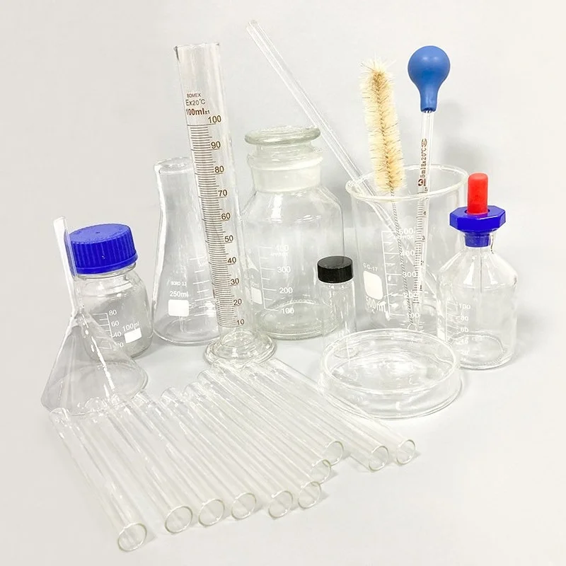 Experimental set of glassware, conical flask, rubber head, straw, beaker, measuring cylinder, test tube glass equipment