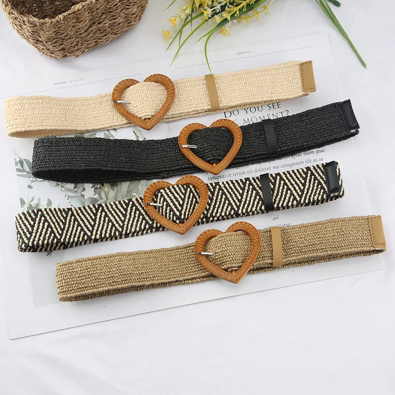 

New PP Grass Woven Belt Women's Retro Cotton and Linen Ethnic Style Dress Waist Seal Love Buckle Decorative Belt