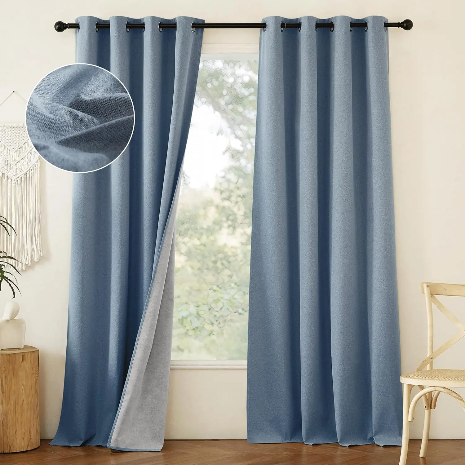 Stone Blue Full Shade Faux Linen Curtain Panels 95