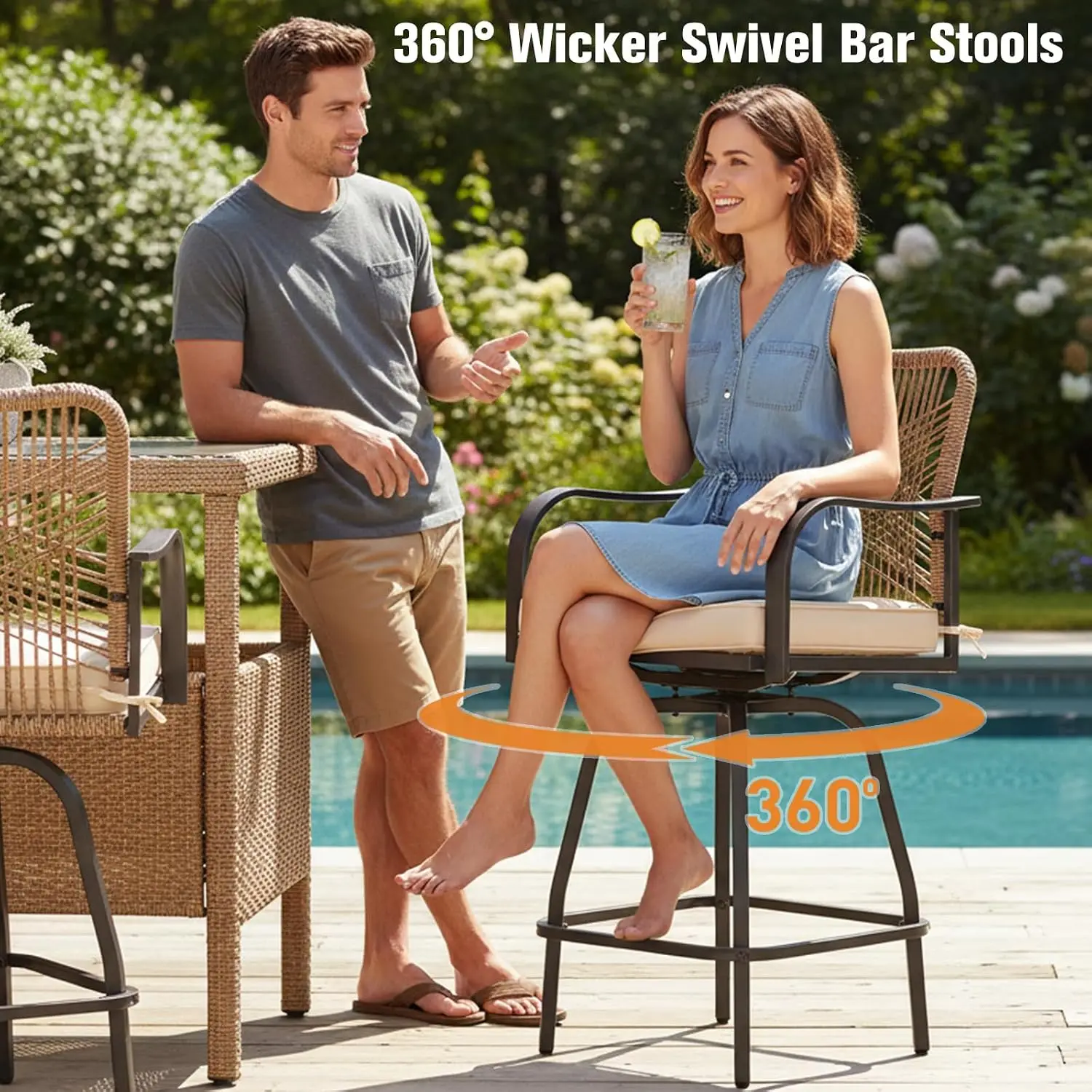 Swivel Outdoor Bar Stools Set of 2 Wicker Patio Chair 28" Beige, Customized image 4