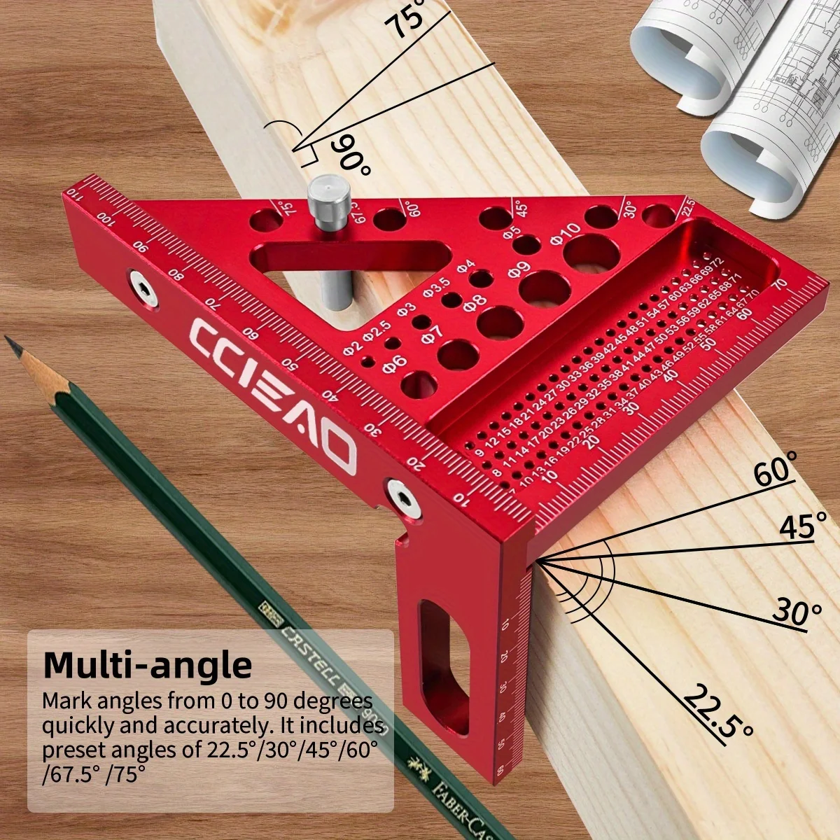 3D Multi Angle Measuring Ruler, Metric Woodworking Aluminum Alloy Square Ruler with 22.5-90 Degree Angle Pin, Used for DIY Tools