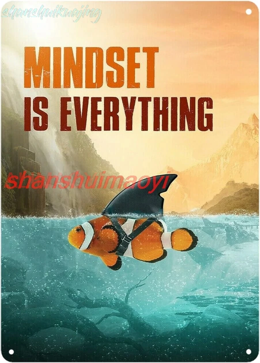 Goldfish Shark Metal Tin Signs Mindset is Everything Funny Vintage Tin Sign 12 x 8 Inch Wall Art Decor Iron Poster for Home sign