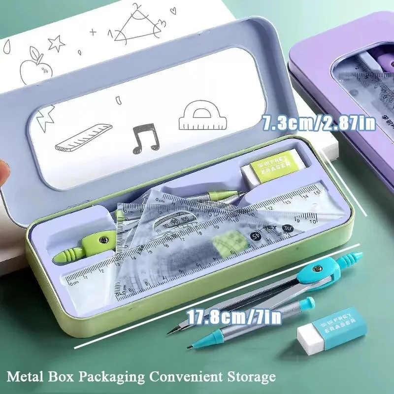 7pcs Geometry Compass and Ruler Set Cute Triangle Student Exam School Stationery Kit