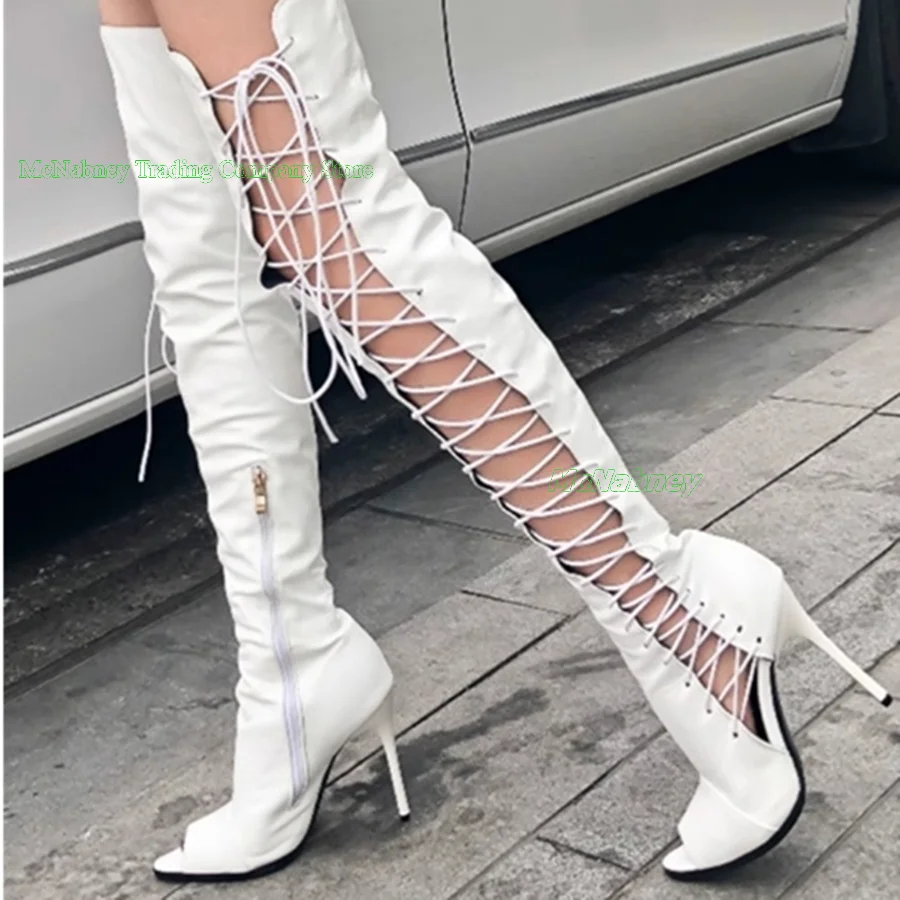 Sexy Cutout Strappy Knee High Boots for Women Zipper Leather Heeled Boots Peep Toe Fine Heel Women Shoes Heel 2023 Plus Size