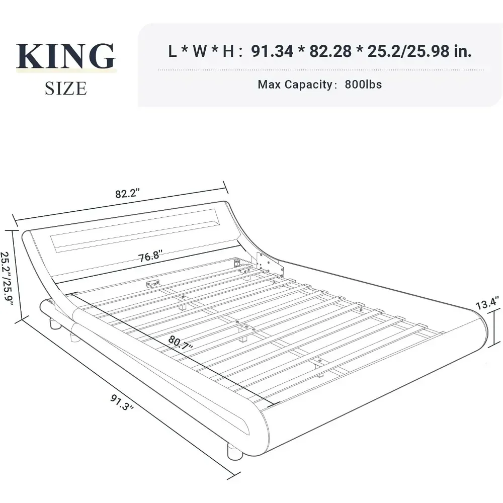 Rama łóżka typu king-size z regulowanym zagłówkiem/bez sprężyny skrzynkowej, sztuczna skóra w kolorze czarnym, rama łóżka z platformą LED