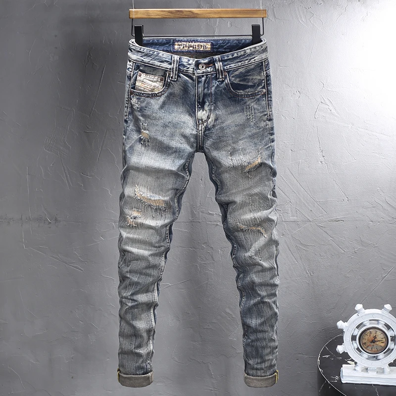 

Street Fashion Men Jeans Retro Washed Blue Slim Ripped Jeans Men Embroidery Patched Designer Italian Style Vintage Denim Pants