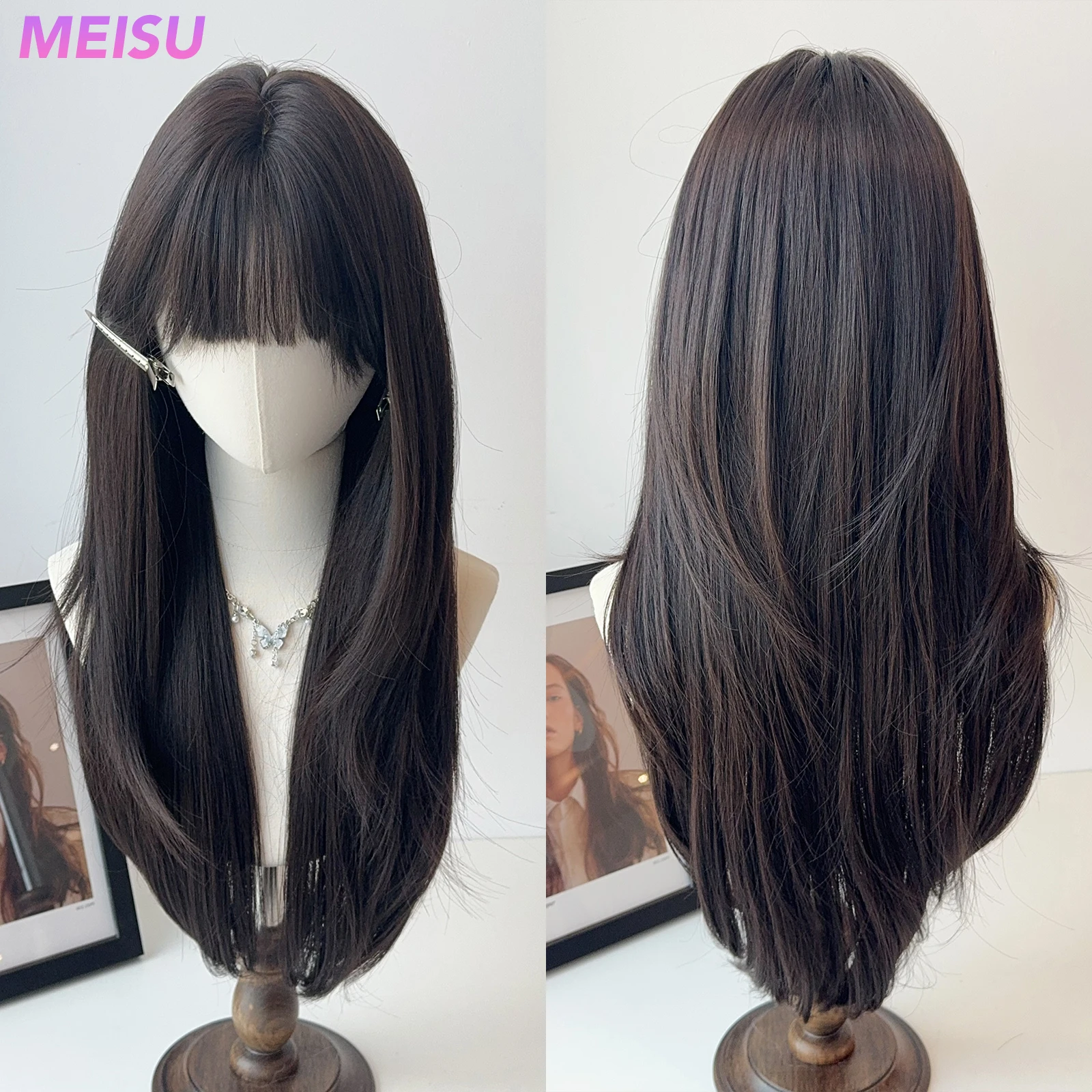 MEISU 26 بوصة الاصطناعية الانفجارات الهوائية شعر مستعار مستقيم الطبقات مستقيم الباروكات الألياف مقاومة للحرارة حفلة أو صورة شخصية للنساء الاستخدام اليومي