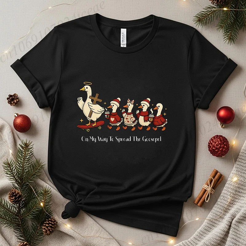 On My Way To Spread The Goosepel Shirt, Preppy Christmas Goose T-Shirts,Cute Santa Snowman Goose T-Shirts for Women Clothing