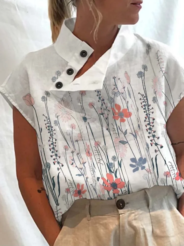 Summer Blouse Women Tops Vintage Floral Print Short Sleeve White Blouses Casual Buttons Slit Stand Neck Top Blusas