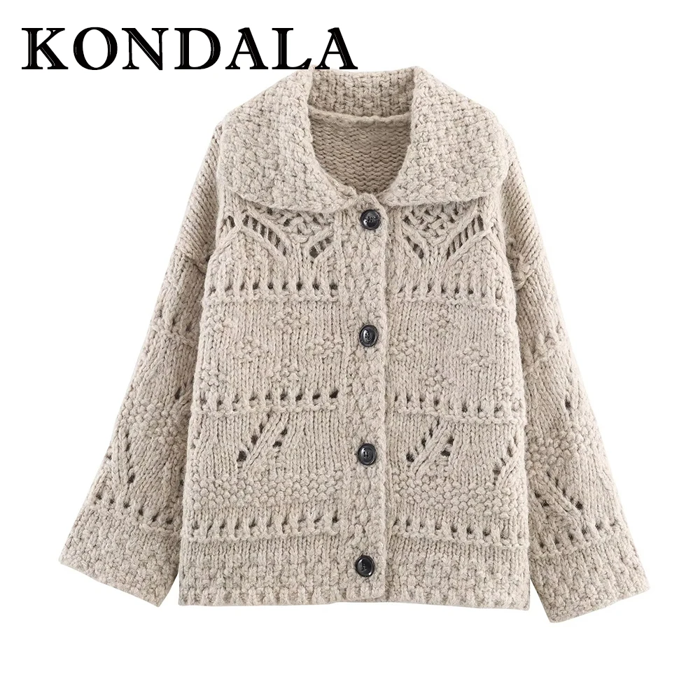 KONDALA 2025 Autumn Winter Women Knitted Vintage Sweater Single Breasted Hollow Out Sweater Fashion Casual Female Warm Sweaters