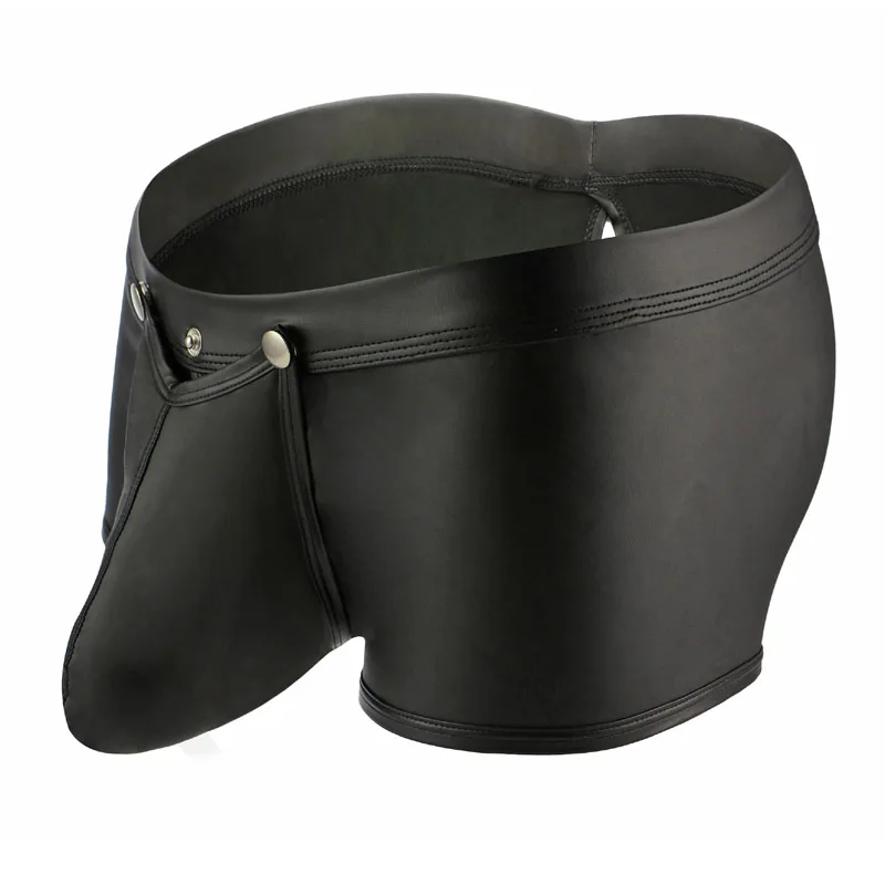 PU Leather Men's Boxer Shorts Sexy Big Penis Pouch Gay Underwear Low Waist Buttons Back Open Erotic Boxers Hollow Out Underpants